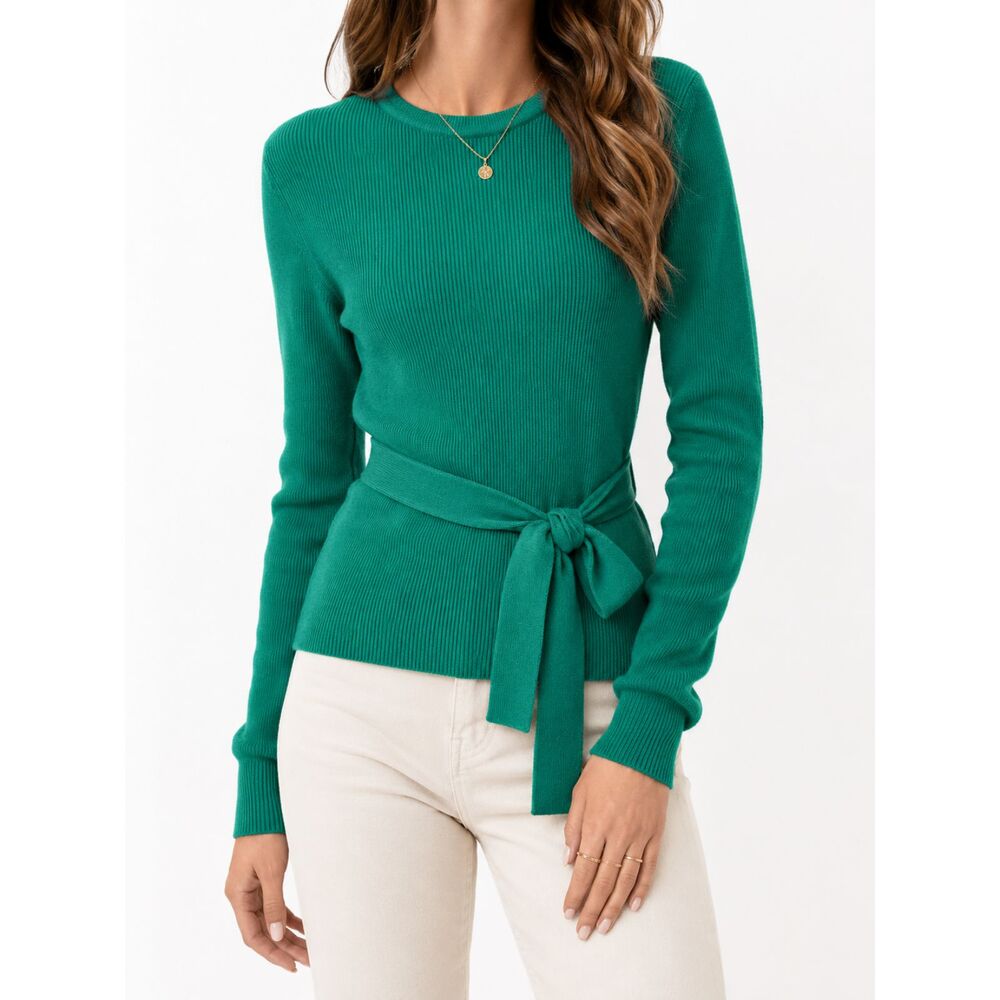 Vintage Atleigh Green Belted Sweater L 80s Acrylic Knit Tie Waist Korea Preppy